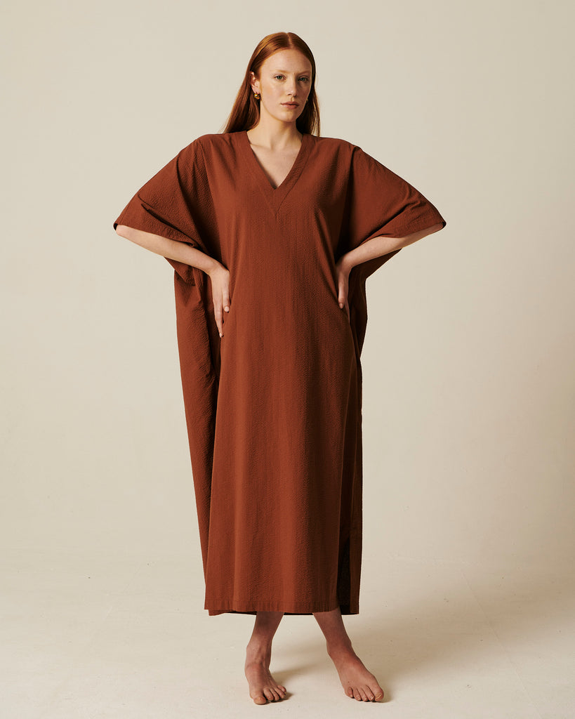 Mona long caftan in tan front